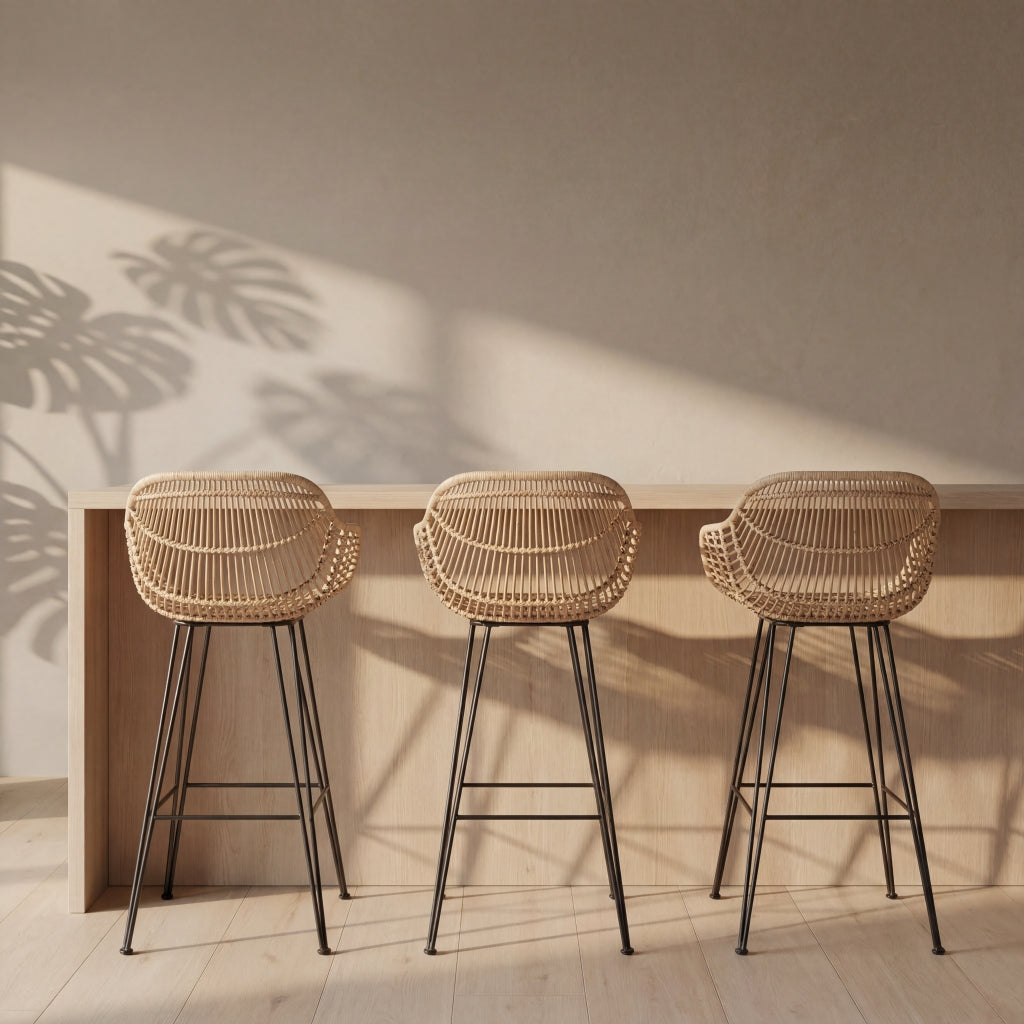 3 Rattan Java Bar Stools at a Japandi Bar