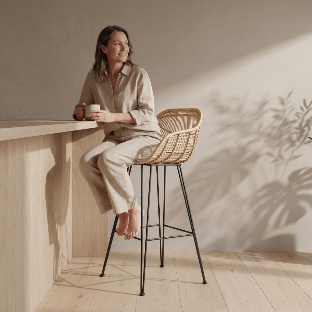 Java Rattan and Metal Bar Stool with a Lady Sitting