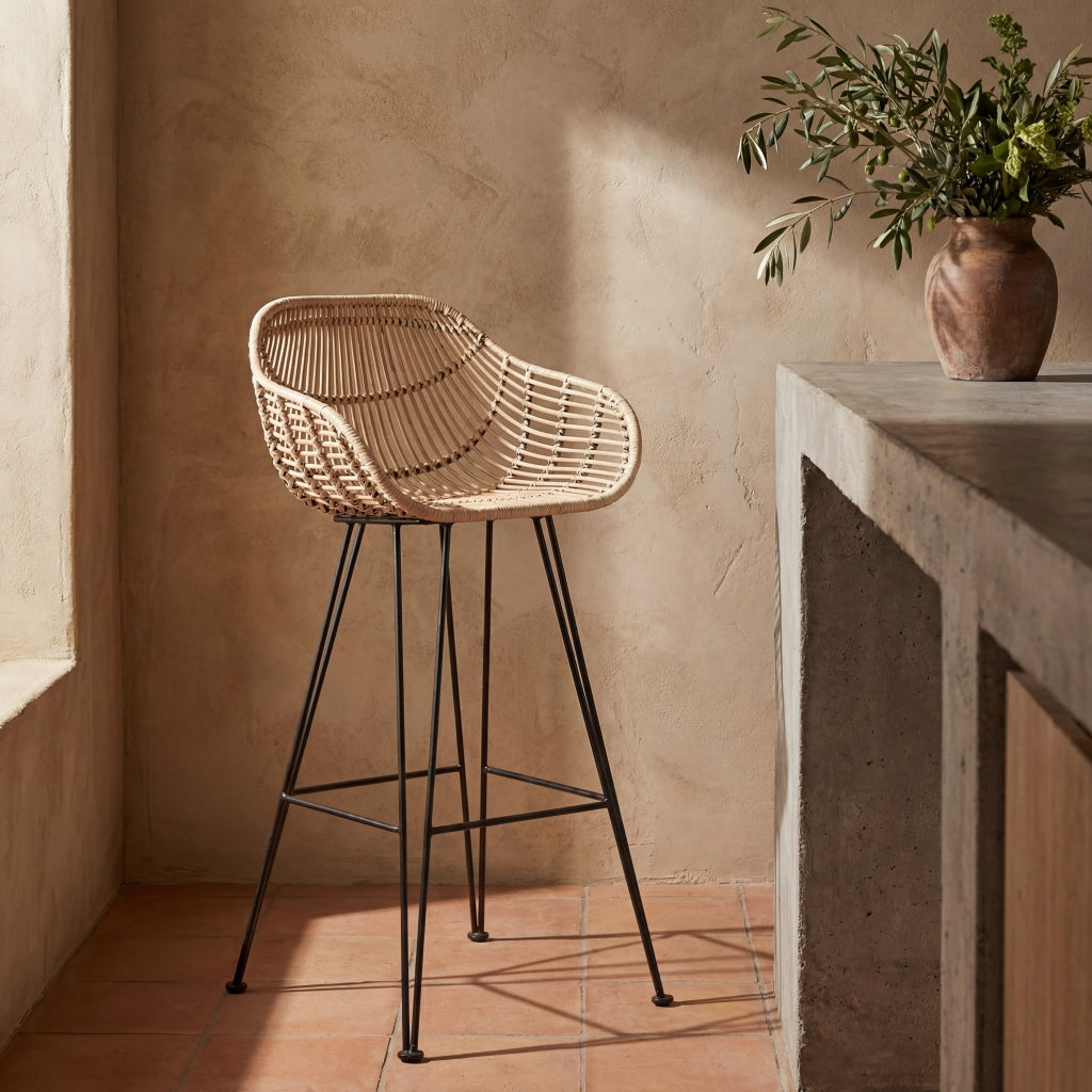 Java Rattan Bar Stool at a Concrete Kitchen Counter