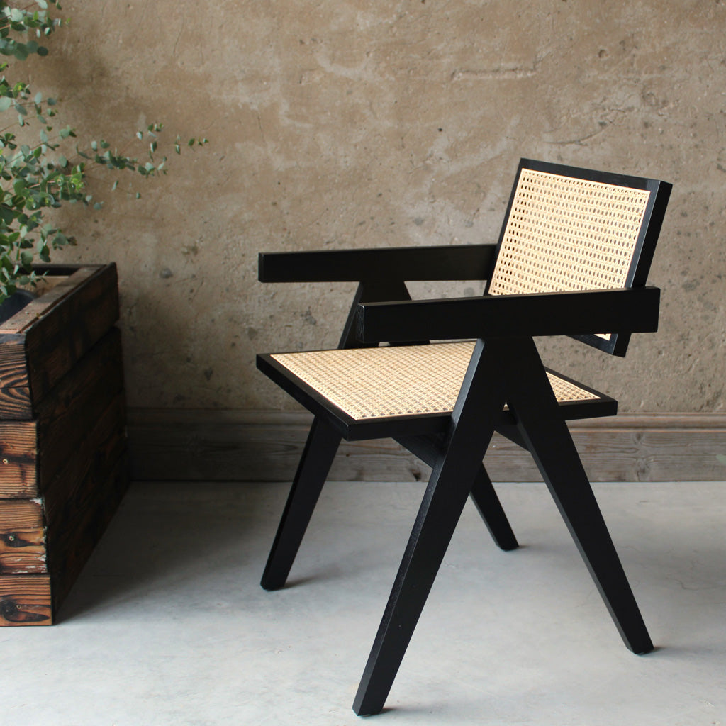 Lali Pierre Jeanerret Dining Chairs Black Ash & Natural Rattan Webbing