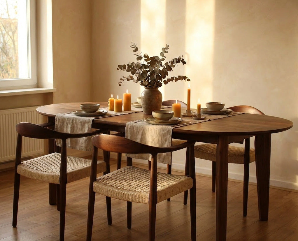 Wooden chair with woven seat in a room with wooden floor and plant- Walnut colour.