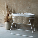 Maya Bedside Baby Crib Natural Rattan and white curved metal stand including mattress and liner
