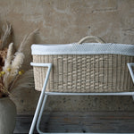 Maya Bedside Baby Crib Natural Rattan and white curved metal stand including mattress and liner