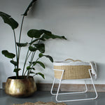 Maya Bedside Baby Crib Natural Rattan and white curved metal stand including mattress and liner