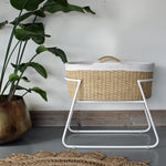 Maya Bedside Baby Crib Natural Rattan and white curved metal stand including mattress and liner