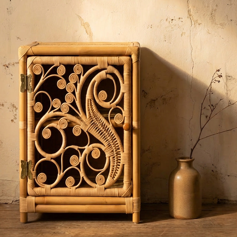 Natural Rattan Peacock Bedside Cabinet - The Rattan Company