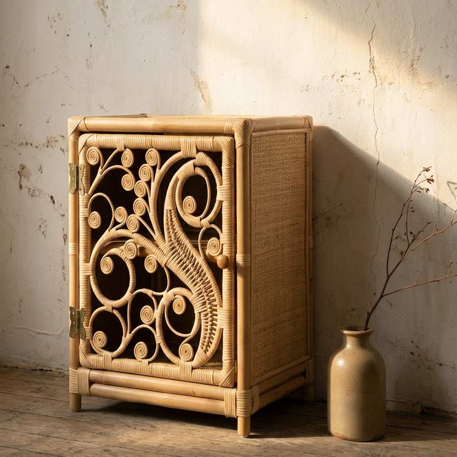 Natural Rattan Peacock Bedside Cabinet - The Rattan Company