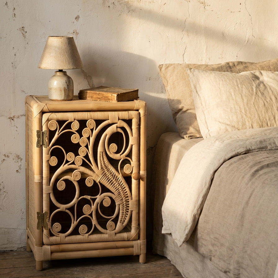 Natural Rattan Peacock Bedside Cabinet - The Rattan Company