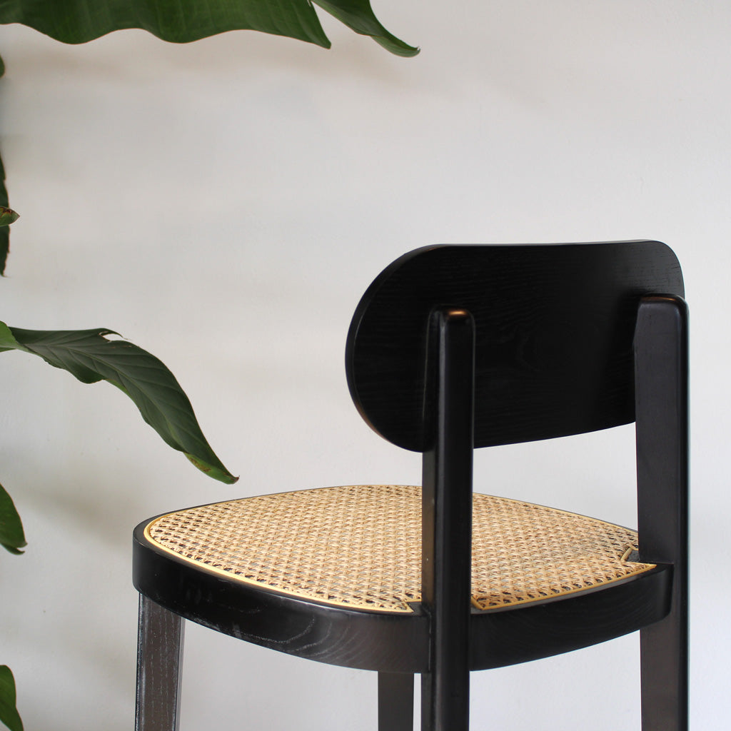 Thronet Ash Wood and Rattan Bar Stool in Black 65cm Rear View