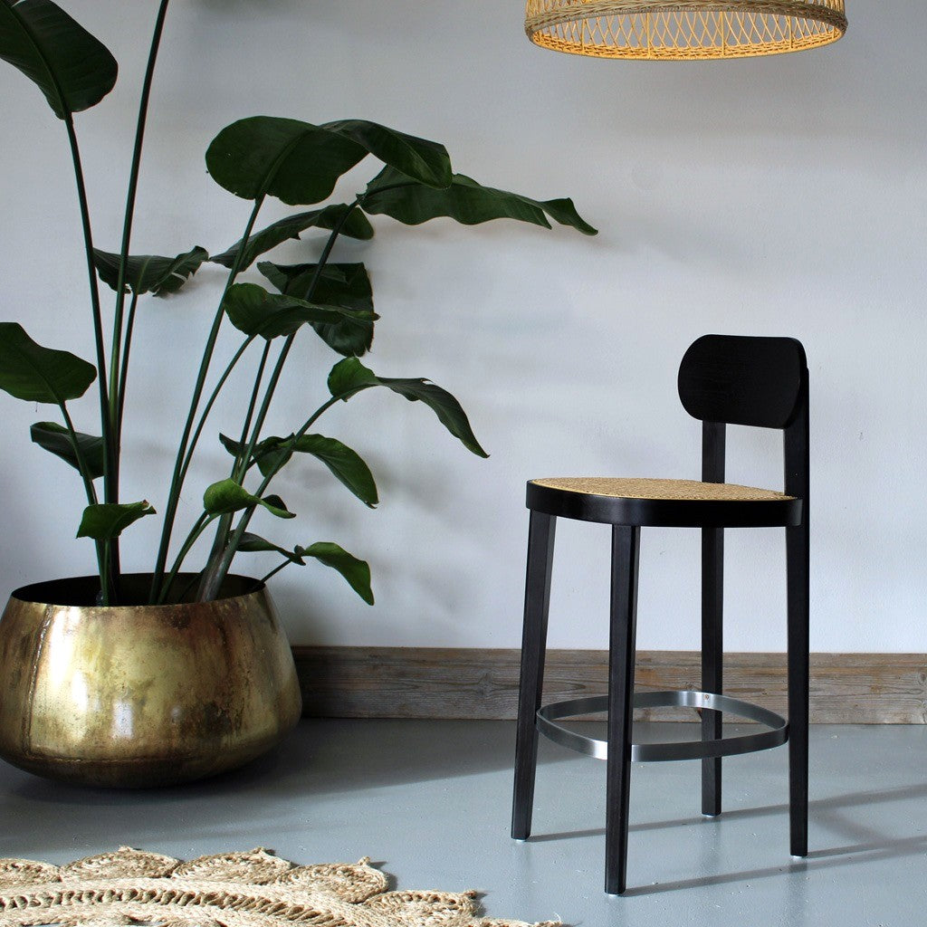 Thronet Ash Wood and Natural Rattan Kitchen Island Bar Stool Counter Stool in Black