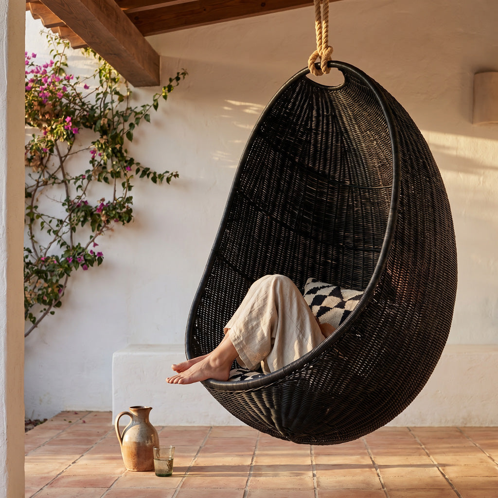 Zelma Hanging Egg Chair Natural Rattan with Iron Frame - The Rattan Company