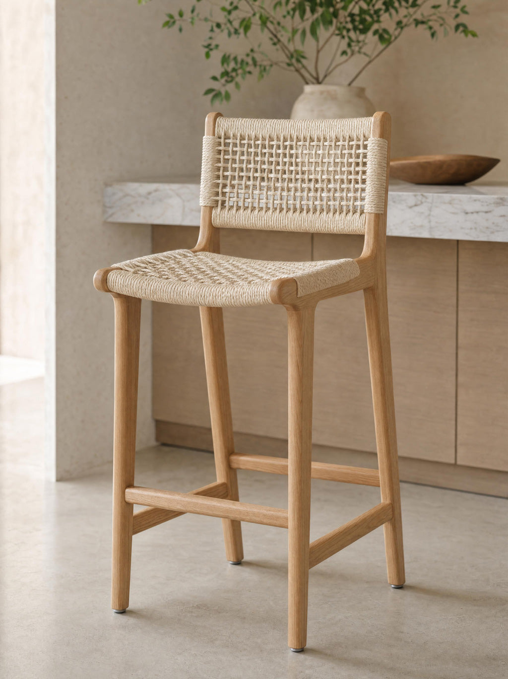 Inca Natural Ash Wood and Paper Cord Breakfast Bar Stool