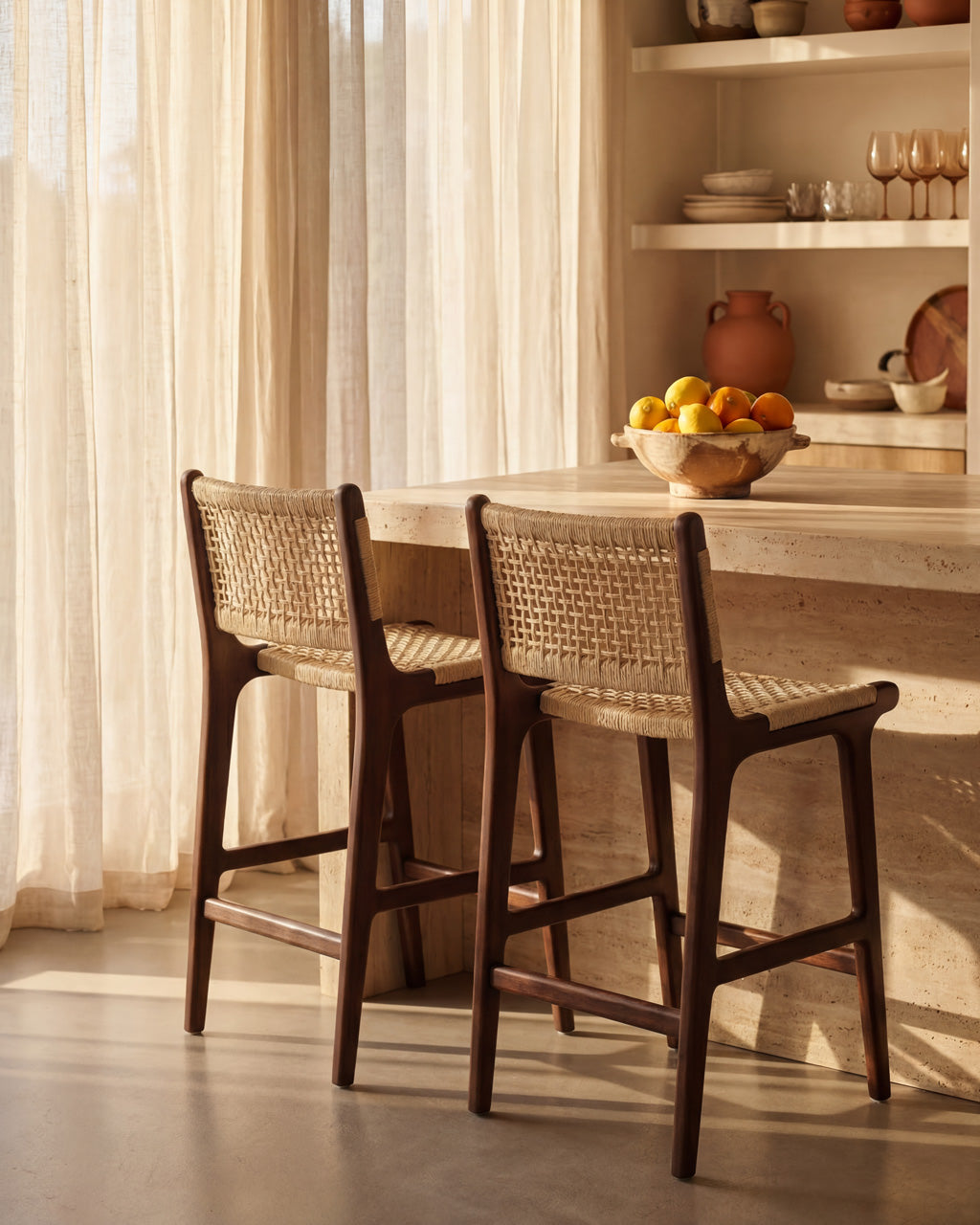 Inca Natural Ash Wood and Paper Cord Kitchen Island Bar Stool Kitchen Counter Stool in Walnut
