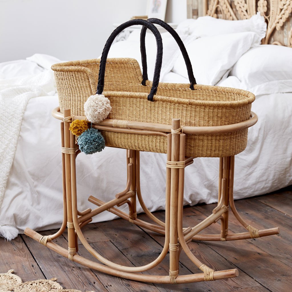 Esi natural handwoven baby moses basket african baby bed with natural rattan bamboo stand
