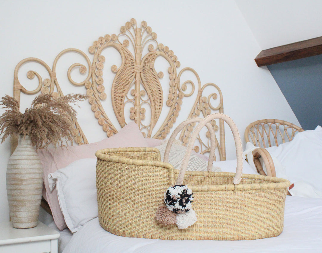 Esi Moses Basket Cream Leather Handles with Mattress and Liner The Rattan Company