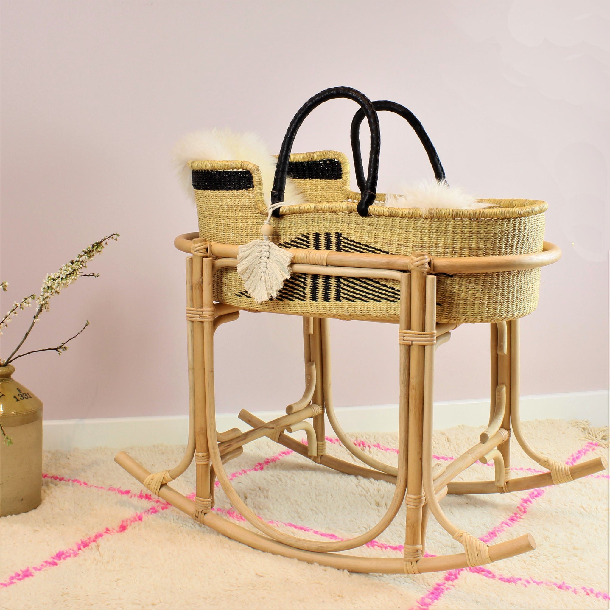 Martha Rattan Moses Basket Stand with Elephant Grass Moses Basket - The Rattan Company
