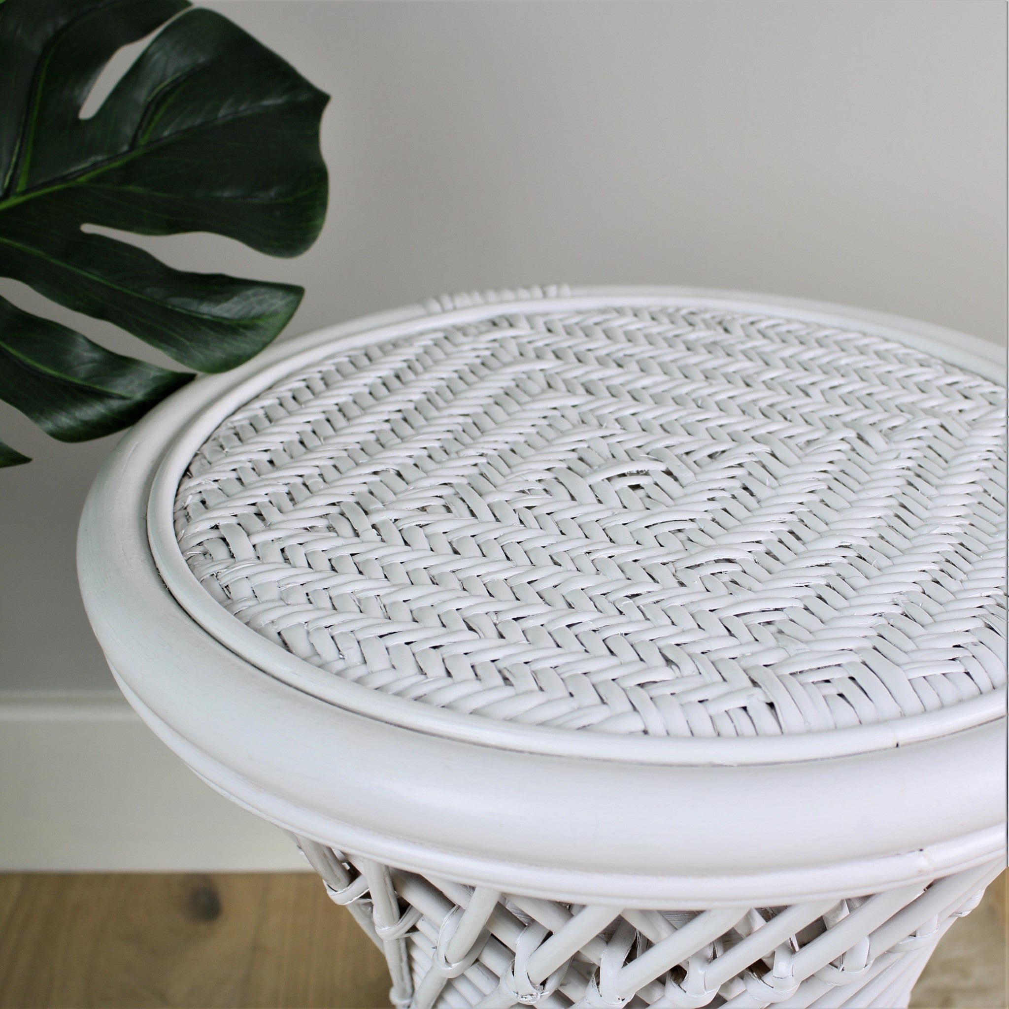 Natural Rattan Cane Koko Stool with Wicker Seat in White Detail - The Rattan Company