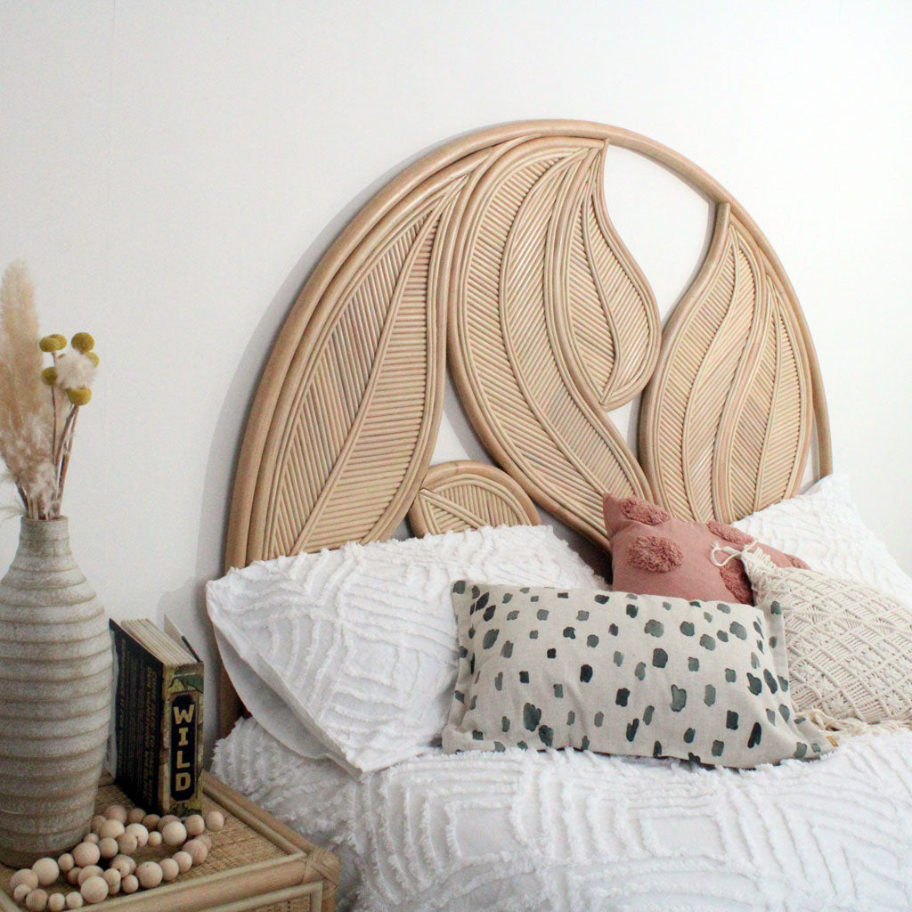 Palm Leaf natural rattan king sized headboard, bedheads by the rattan company 