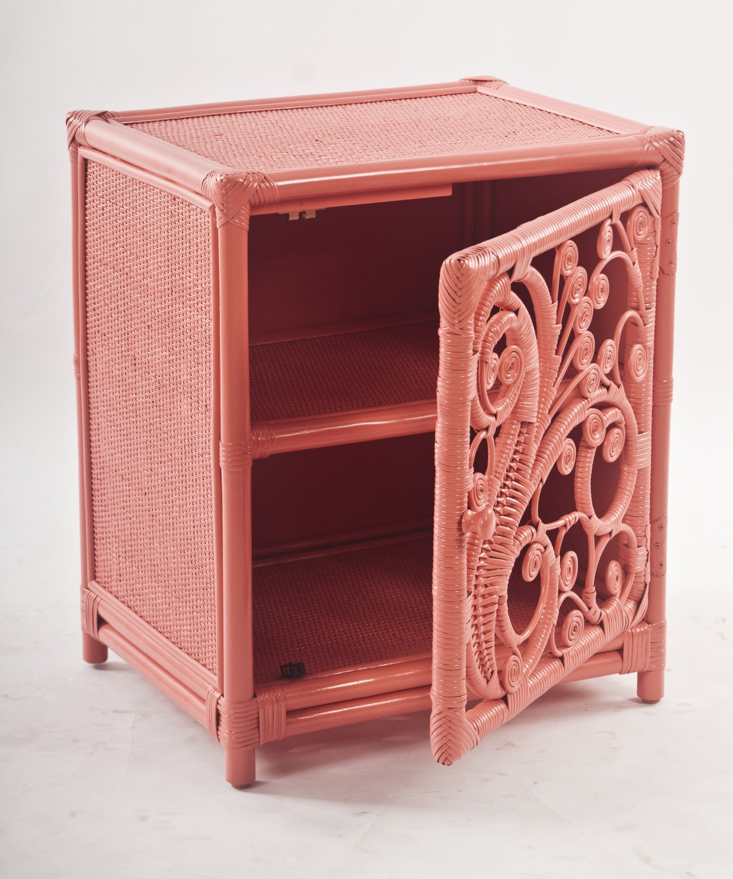 Peacock Peach Rattan Bedside Cabinet with Door Open - The Rattan Company 