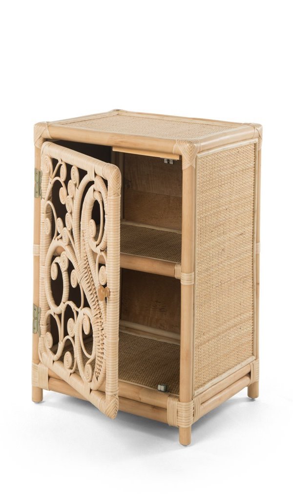Peacock Natural Rattan Bedside Cabinet with Door Open - The Rattan Company 