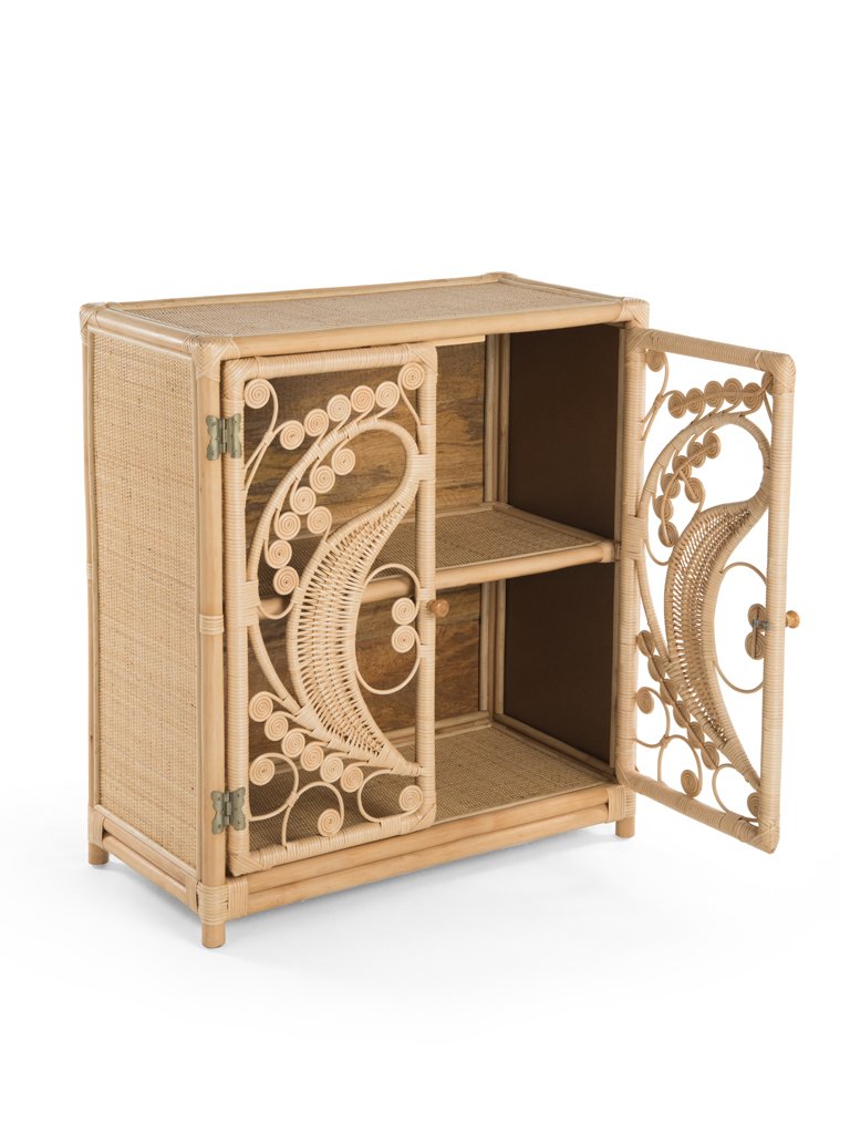 Natural Rattan Cane Peacock Cupboard Door Open - The Rattan Company