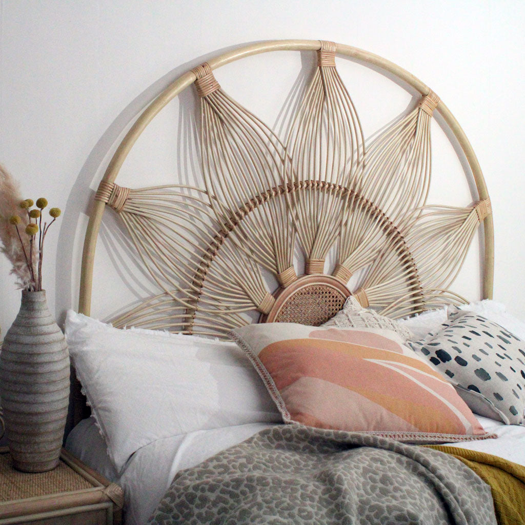 Lotus King sized natural rattan headboard, handmade rattan bedheads by The Rattan Company