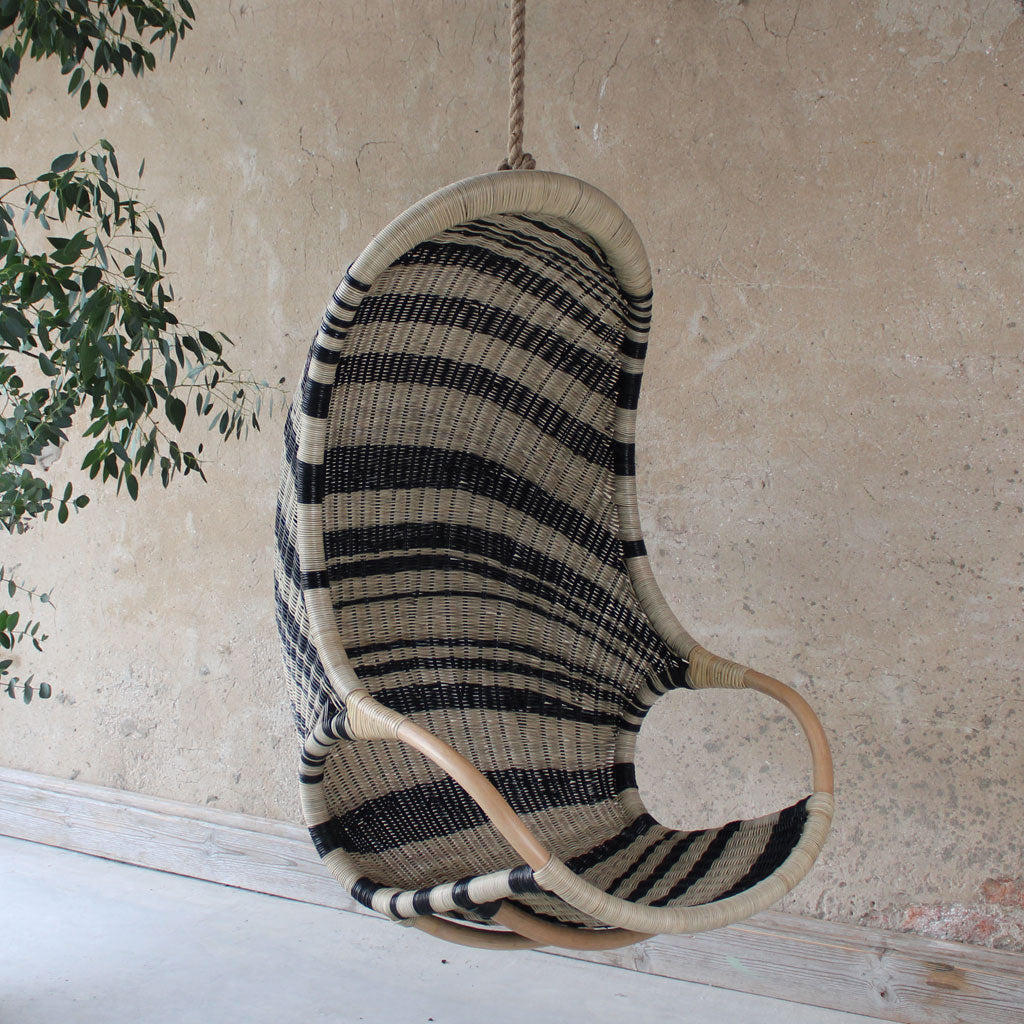 Zebedee rattan hanging egg chair, black and natural indoor hanging chair by the rattan company
