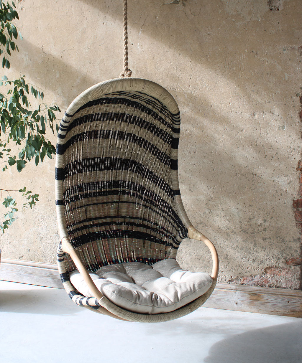 Zebedee rattan hanging egg chair, black and natural indoor hanging chair by the rattan company