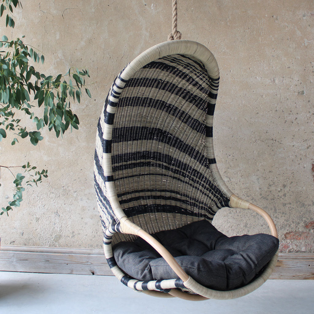 Zebedee rattan hanging egg chair, black and natural indoor hanging chair by the rattan company