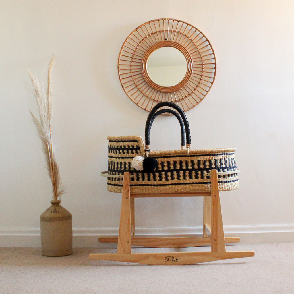 Jojo monochrome black and natural handwoven african baby moses basket natural baby bassinet and stand