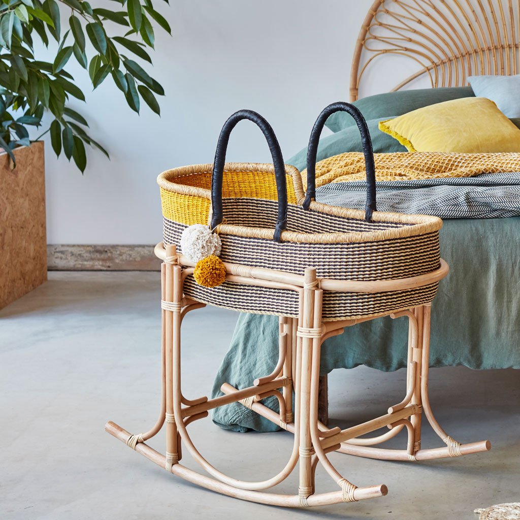 Simba handwoven moses basket with leather handles including mattress and liner by the little rattan company